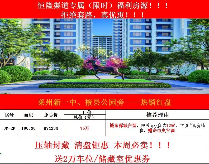3渠道专属房源,特价房源仅三套,最低75万